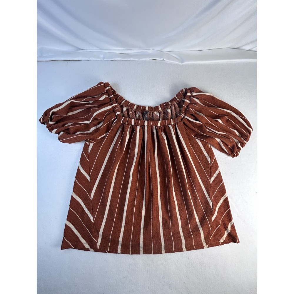 Anthropologie Peasant Puff Sleeve Boat Neck Burnt Orange Textured Stripped Top M